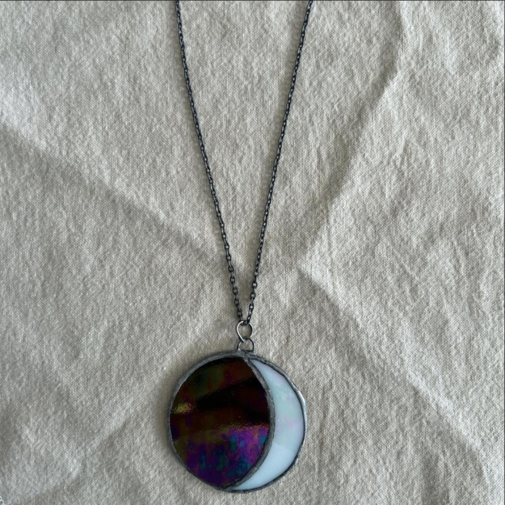 Iridescent Moon Pendant Necklace - White and Multi-Color Stained Glass Handmade